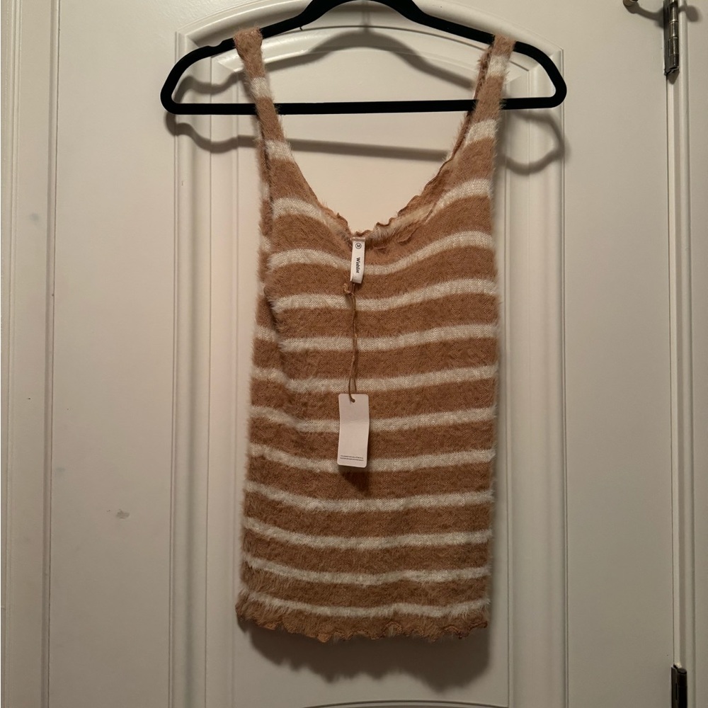 Light Brown & White Fuzzy Striped Tank with Lettuce Trim